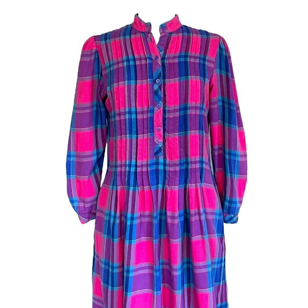 Matti Sport Vintage 1980s Cottagecore Midi Dress Flannel Plaid Puff Sleeve Sz 8 - Picture 3 of 10